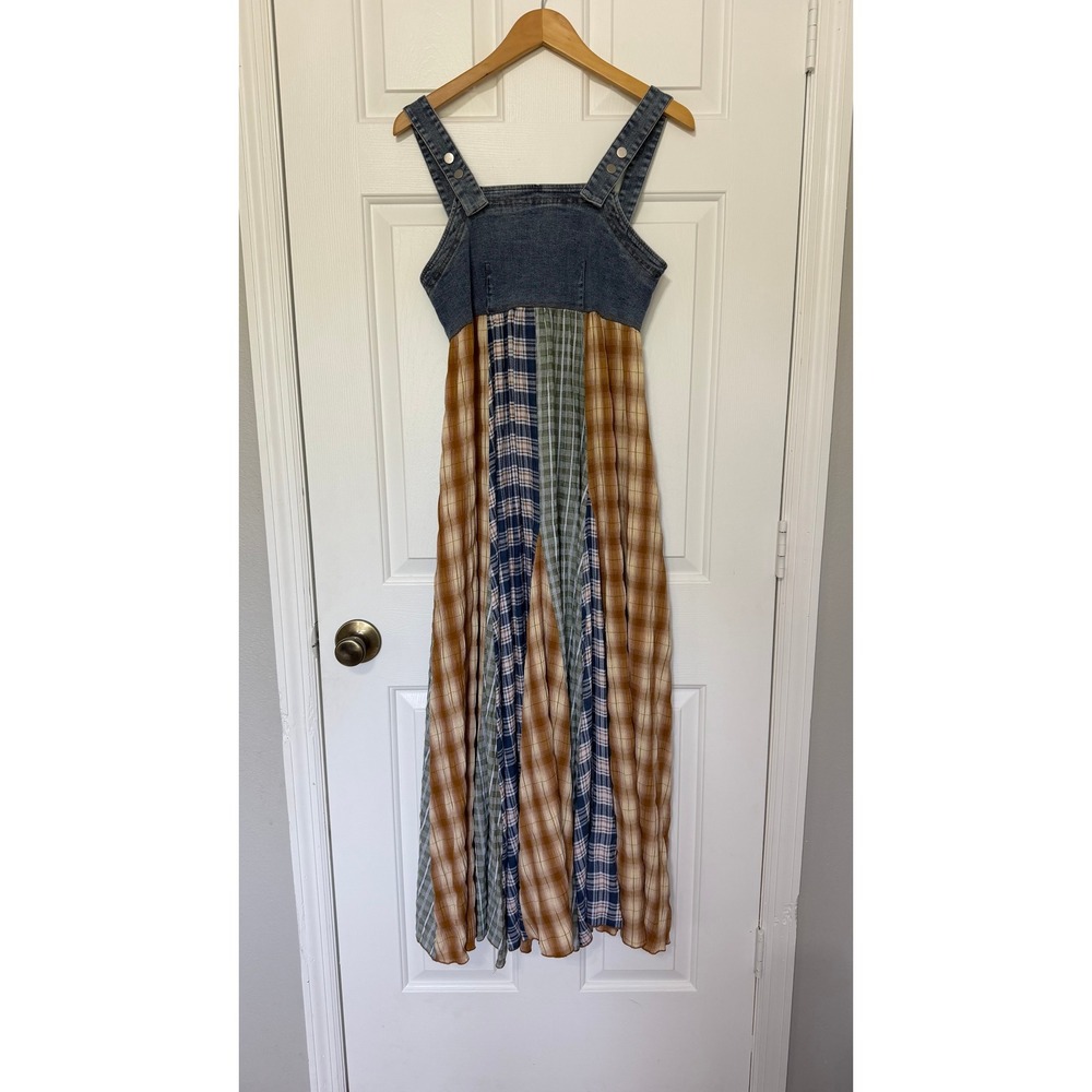 Molly Green Denim Patchwork Plaid Maxi Dress Womens Small Blue Brown Cottagecore